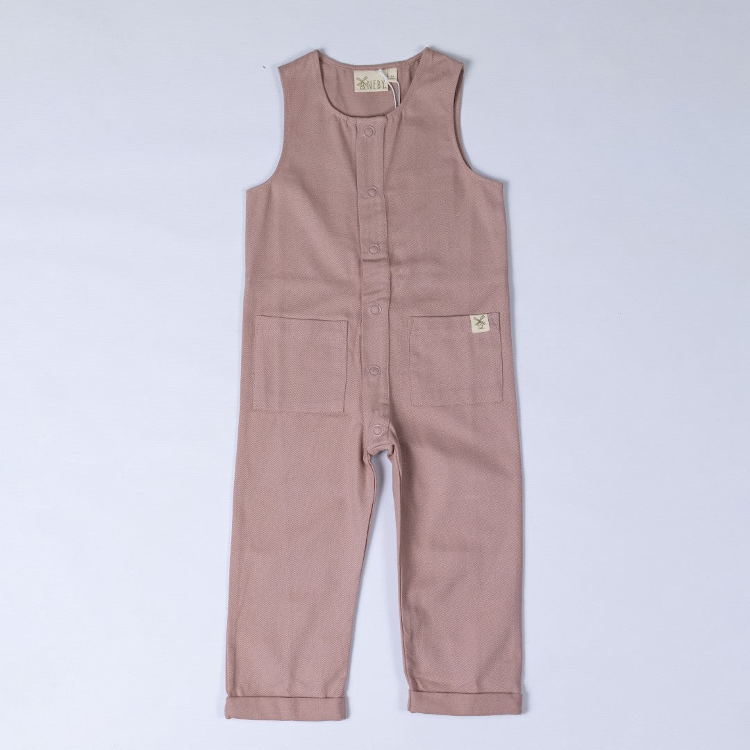 Sleeveless pink cotton jumpsuit with poppers and square patch pockets