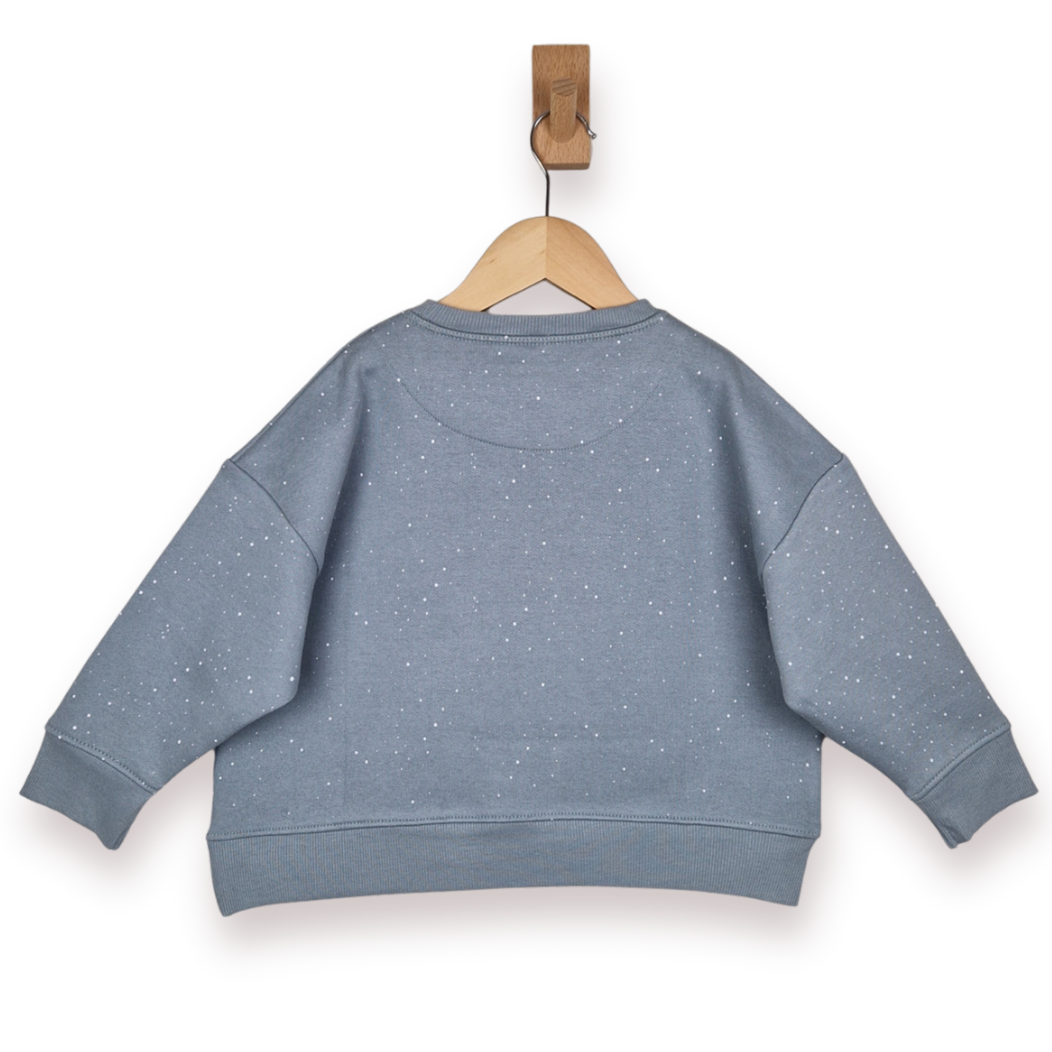 Blue speckled sweatshirt on a wooden hanger against a white background