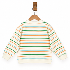 A children's long-sleeve crewneck sweatshirt with horizontal stripes in green, orange, and light blue on an off-white base, hanging on a wooden hanger against a white background.