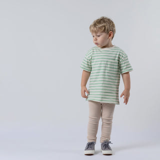 Sage green stripey t-shirt being modelled by a blonde haired boy wearing chinos