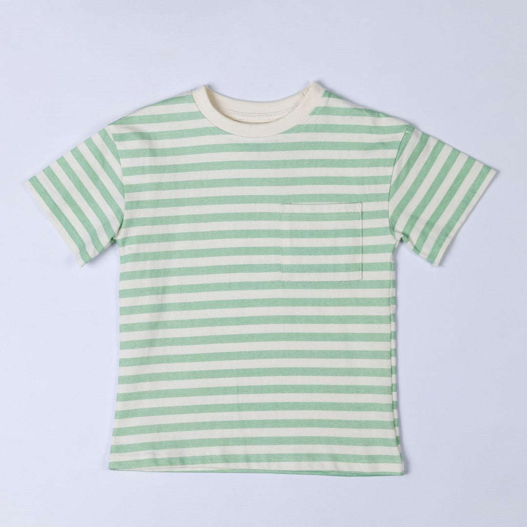 Product shot of stripy green short-sleeved t-shirt with round neck