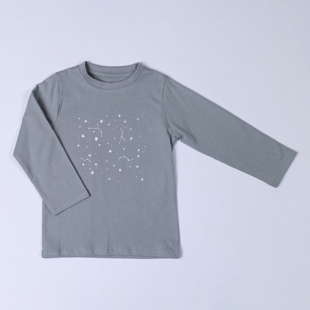 Product shot of a long-sleeve t-shirt with a constellation design on the front