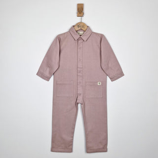 Dusty pink twill kids boilersuit, front view, featuring soft, breathable organic fabric.