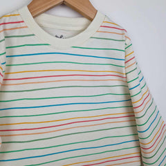 Close up image of a kids long sleeve striped t-shirt with hand-drawn horizontal stripes in pastel colours, showing the neat collar and stitching and the unique pastel colour line design. 