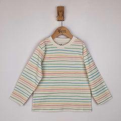 Kids long sleeve striped t-shirt with hand-drawn horizontal stripes in pastel pink, blue and yellow, hanging neatly on a wooden hanger against a neutral background.