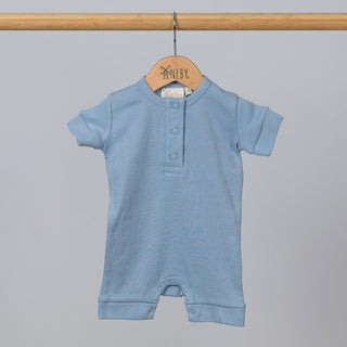 Slate blue short sleeve rib baby romper hanging, front view.