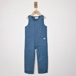kids sleeveless overall in slate blue, front view, flat lay, displayed against a neutral background.